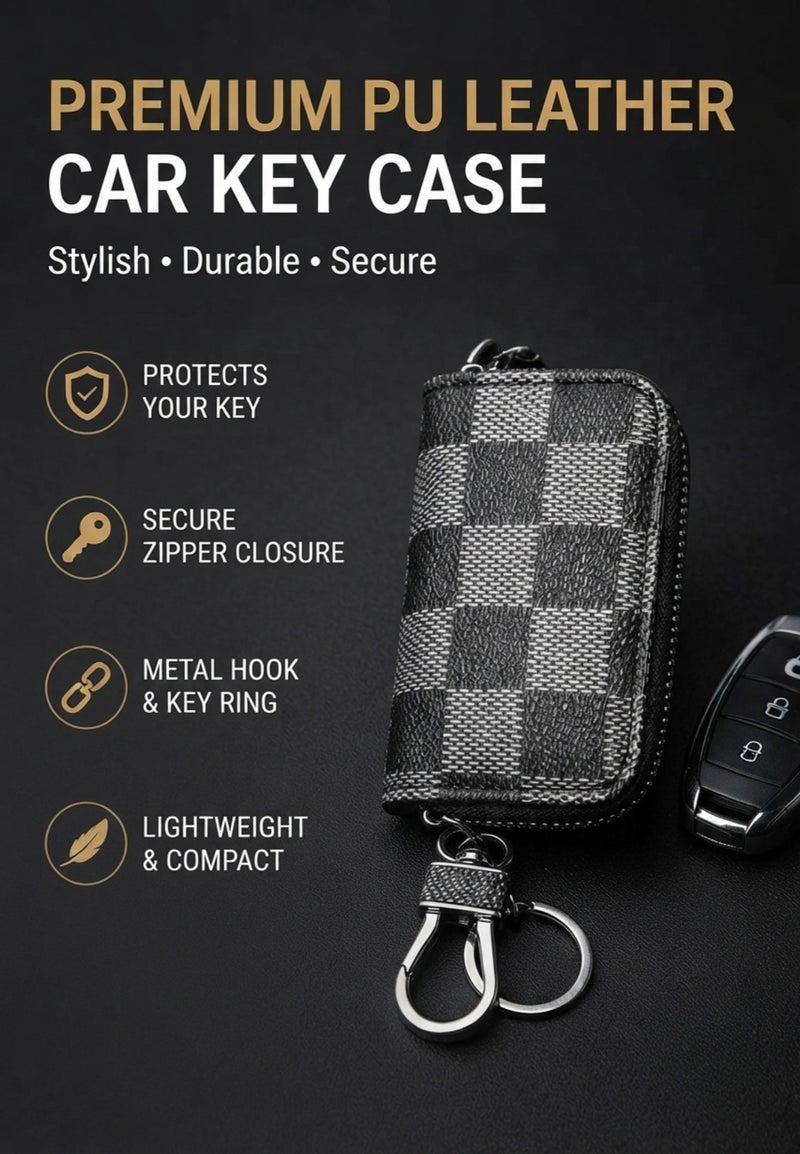 Premium PU Leather Car Key Case with Zipper – Smart Car Key Holder with Metal Hook & Built-in Key Chain – Checkered Protective Key Fob Organizer Cover - Image 1