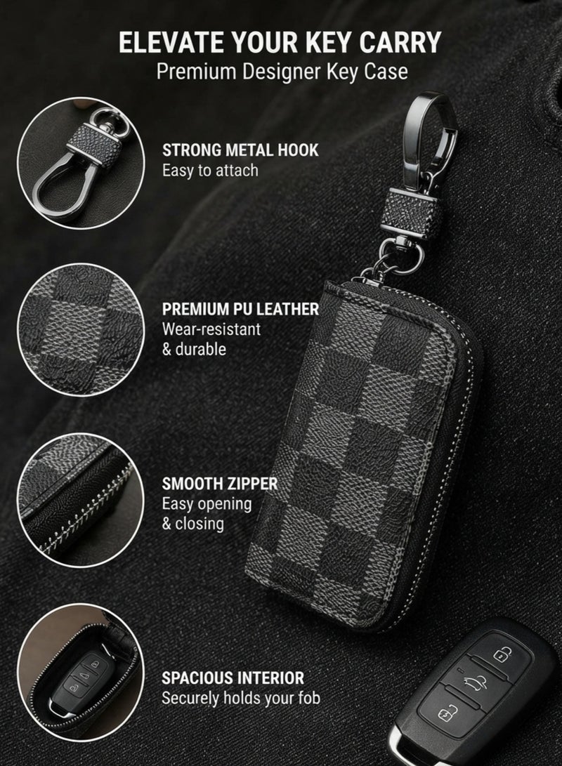 Premium PU Leather Car Key Case with Zipper – Smart Car Key Holder with Metal Hook & Built-in Key Chain – Checkered Protective Key Fob Organizer Cover - Image 2