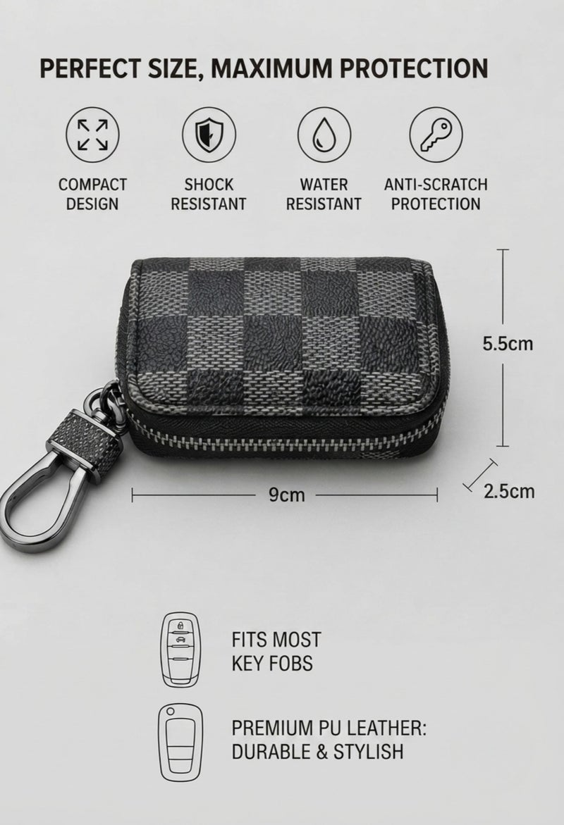 Premium PU Leather Car Key Case with Zipper – Smart Car Key Holder with Metal Hook & Built-in Key Chain – Checkered Protective Key Fob Organizer Cover - Image 4