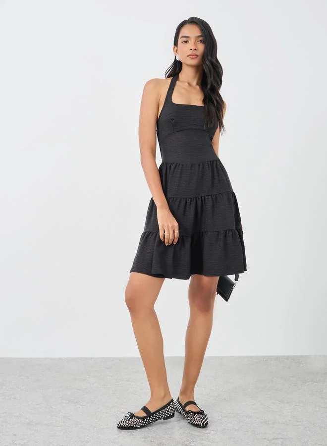Take Two Take Two Solid Sleeveless Halter Neck Tiered Mini Dress