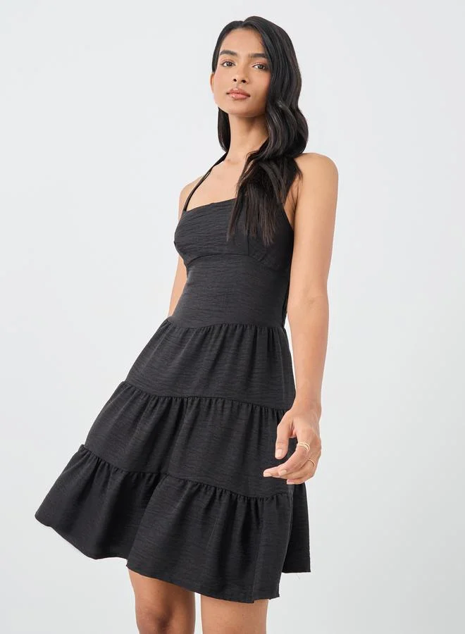 Take Two Take Two Solid Sleeveless Halter Neck Tiered Mini Dress