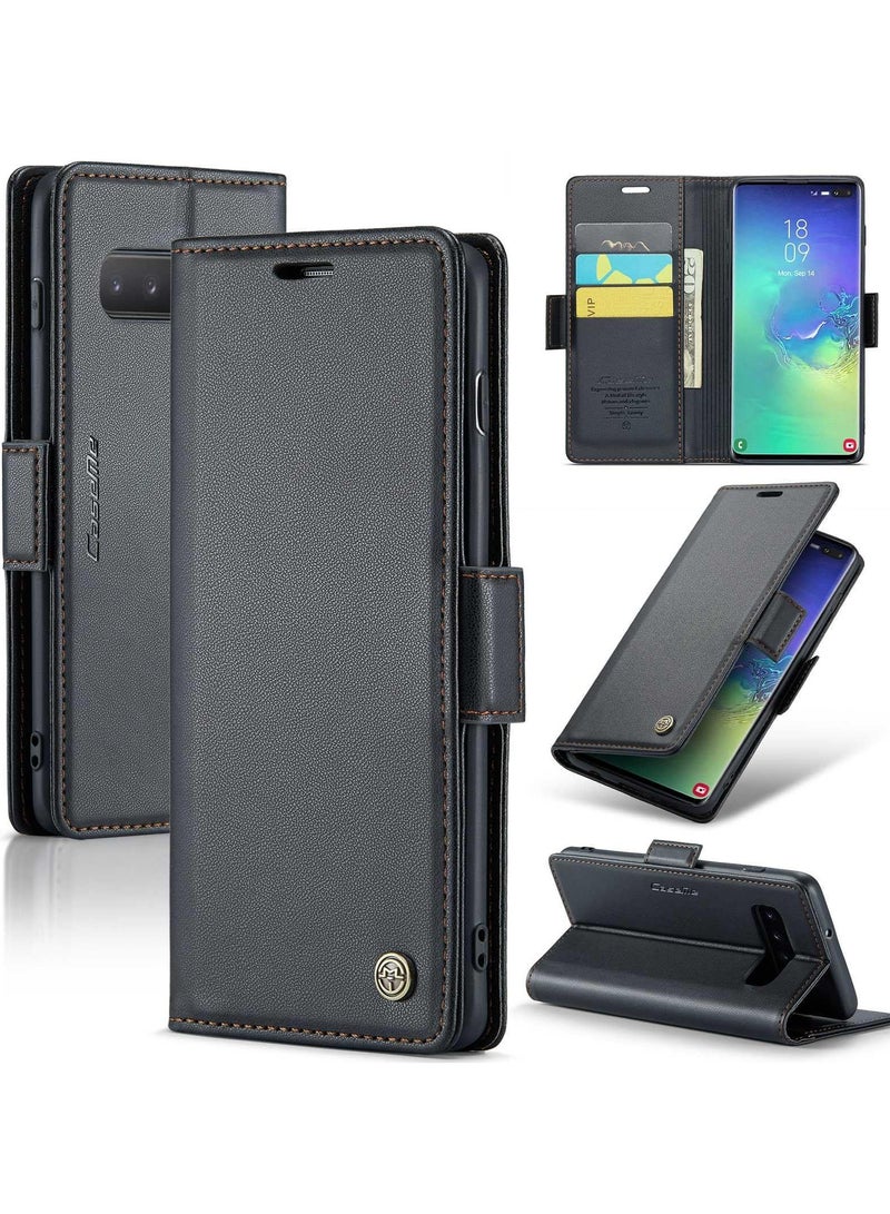 كيس مي جراب موبايل من الجلد الصناعي الفاخر مقاوم ضد البصمات  023 وحامل للكروت و البطاقات متوافق مع Samsung Galaxy S10 Plus (اسود) - Image 1