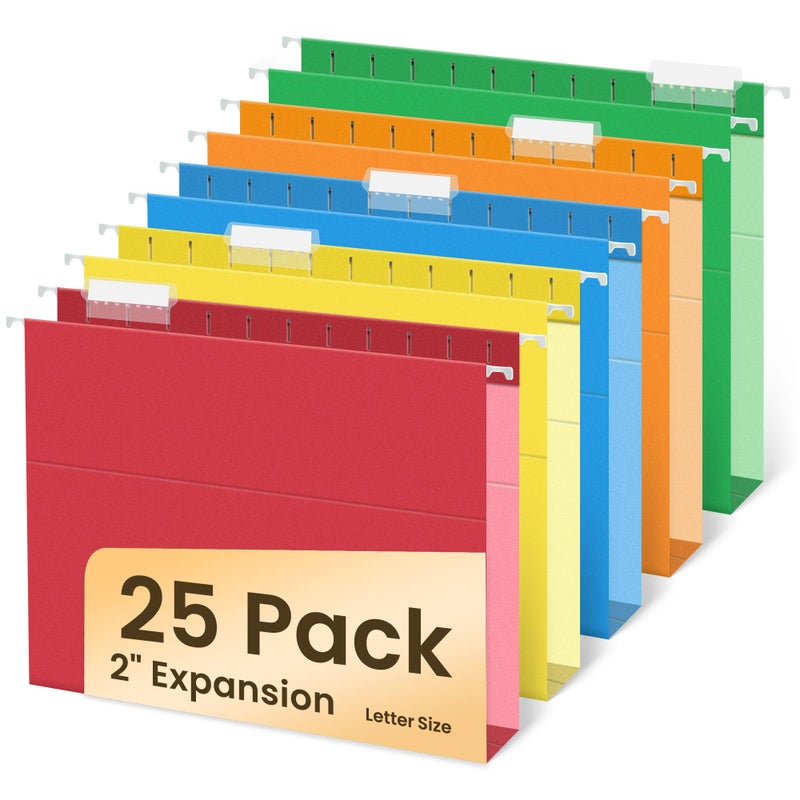 SUNEE Hanging File Folders Extra Capacity Assorted Colors, 25 Pack Letter Size File Folders with 1/5-cut Tabs, Heavy Duty 2 Inch Expansion, Stay Organized for Your Home and Office Bulk File - Image 1