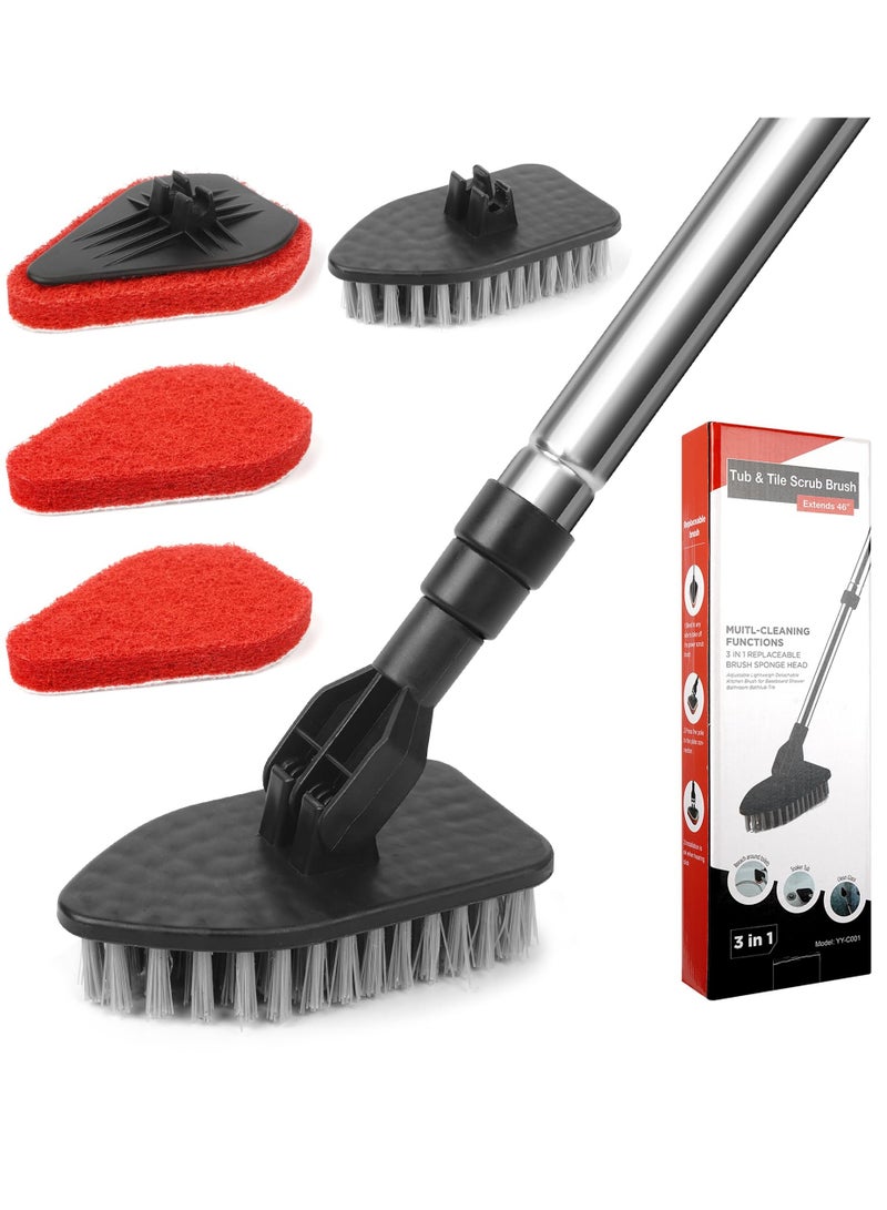 Excefore Tub Tile Scrubber Brush 2 in 1 Scrub Cleaning Brush with Long Handle 47" Adjustable Telescopic Pole Stiff Bristles Scouring Pads for Cleaning Bathroom Kitchen Toilet Shower Wall Sink Non-Scratch  - Image 1