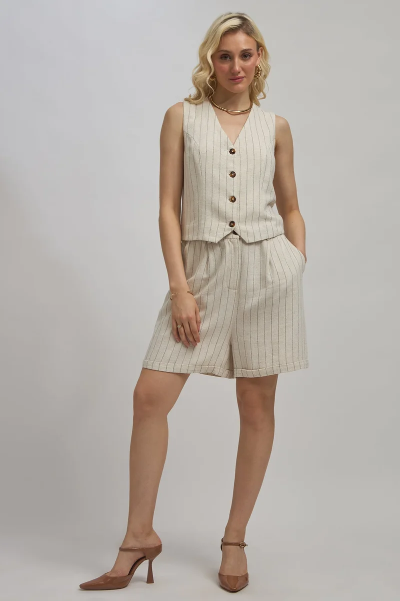Virgio Stripes Linen Pinstripe Knee Length Shorts for Women