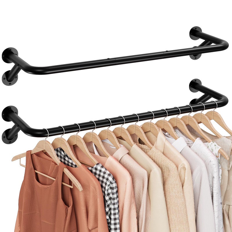 Sakugi Pipe Clothing Rack - 37.5" Clothing Racks for Hanging Clothes with Dual Flange Base, Multifunctional Wall Mounted Clothes Rack for Bedroom, Entryway, Balcony, Black, 2-Pack - Image 1