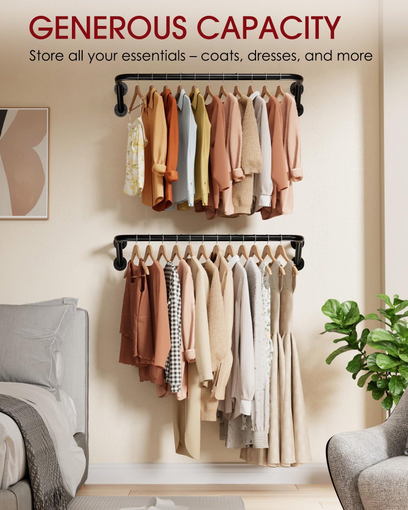 Sakugi Pipe Clothing Rack - 37.5" Clothing Racks for Hanging Clothes with Dual Flange Base, Multifunctional Wall Mounted Clothes Rack for Bedroom, Entryway, Balcony, Black, 2-Pack - Image 3