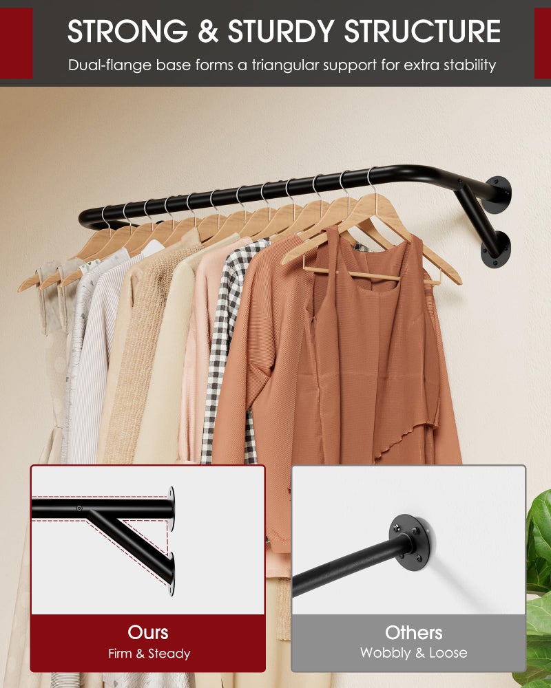 Sakugi Pipe Clothing Rack - 37.5" Clothing Racks for Hanging Clothes with Dual Flange Base, Multifunctional Wall Mounted Clothes Rack for Bedroom, Entryway, Balcony, Black, 2-Pack - Image 4