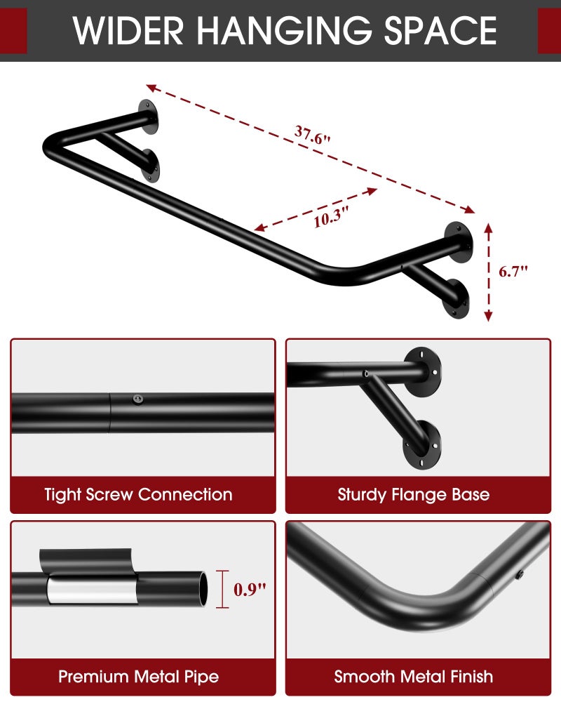 Sakugi Pipe Clothing Rack - 37.5" Clothing Racks for Hanging Clothes with Dual Flange Base, Multifunctional Wall Mounted Clothes Rack for Bedroom, Entryway, Balcony, Black, 2-Pack - Image 2