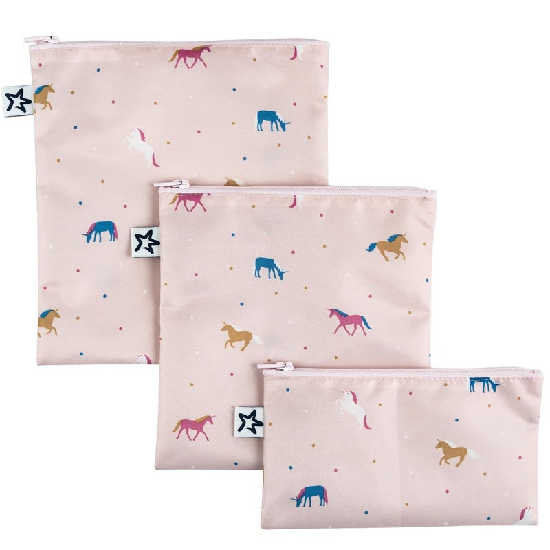 Tiny Twinkle Reusable Snack Bags for Kids – 3 Pack Snack Pouches & Sandwich Bag for Toddlers – Machine Washable, Mess-Proof for Lunch & Travel (Unicorn) - Image 1