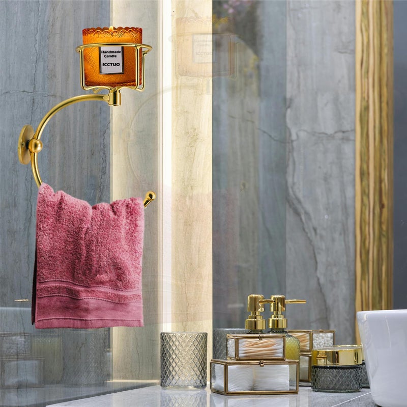 ICCTUO Gold Hand Towel Holder for Bathroom Wall, Towel Hook with Wall Candle Holder,Elegent Towel Ring Rose Gold, Sturdy Towel Rack Wall Mounted Hanger for Bathroom - Image 2