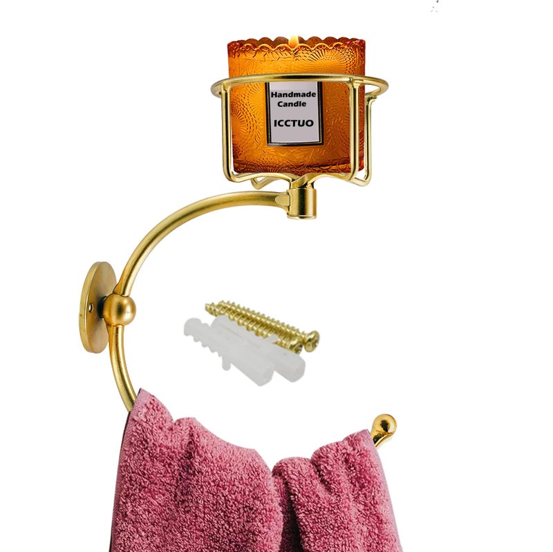 ICCTUO Gold Hand Towel Holder for Bathroom Wall, Towel Hook with Wall Candle Holder,Elegent Towel Ring Rose Gold, Sturdy Towel Rack Wall Mounted Hanger for Bathroom - Image 1