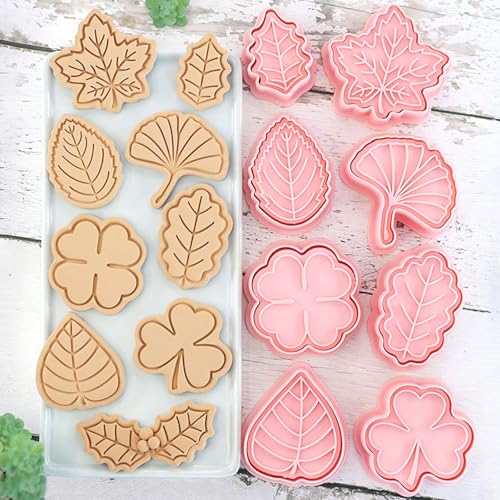 Lutoku 8 Piece Leaf Cookie Cutter Set, Autumn Shapes for Baking, Maple, Oak, Holly, Shamrock, Ginkgo, 4 leaf Clover Embossed Biscuit Cutters Molds for Fall, Thanksgiving, Holiday & Party Treats (Fall) - Image 1