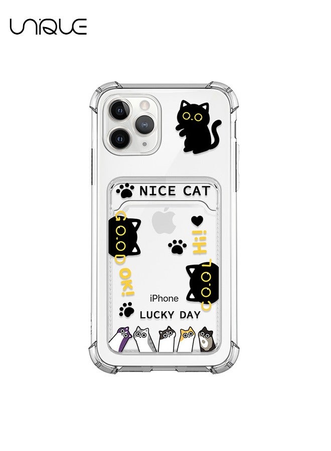 Unique For iPhone 15 Pro Max Phone Case - Black Cat Phone Case - Cartoon Pattern Phone Case - Phone Case with Card Holder, Card Slot - Ultra Slim Anti-Drop Soft TPU Wallet Phone Case with Bumper - Transparen - Image 1