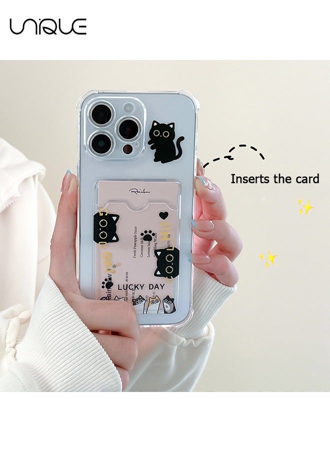 Unique For iPhone 15 Pro Max Phone Case - Black Cat Phone Case - Cartoon Pattern Phone Case - Phone Case with Card Holder, Card Slot - Ultra Slim Anti-Drop Soft TPU Wallet Phone Case with Bumper - Transparen - Image 3