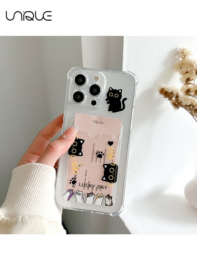 Unique For iPhone 15 Pro Max Phone Case - Black Cat Phone Case - Cartoon Pattern Phone Case - Phone Case with Card Holder, Card Slot - Ultra Slim Anti-Drop Soft TPU Wallet Phone Case with Bumper - Transparen - Image 4