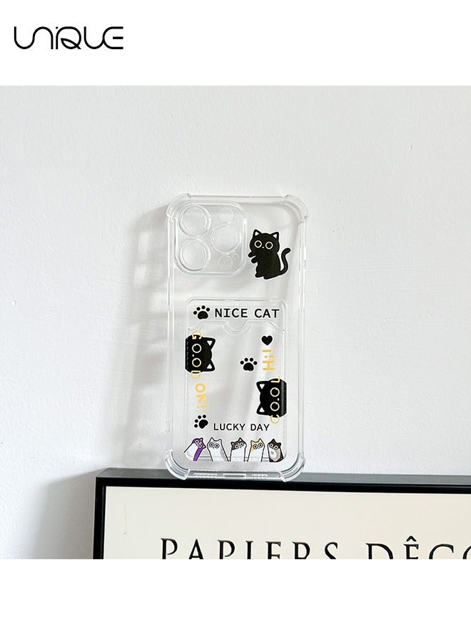 Unique For iPhone 15 Pro Max Phone Case - Black Cat Phone Case - Cartoon Pattern Phone Case - Phone Case with Card Holder, Card Slot - Ultra Slim Anti-Drop Soft TPU Wallet Phone Case with Bumper - Transparen - Image 2