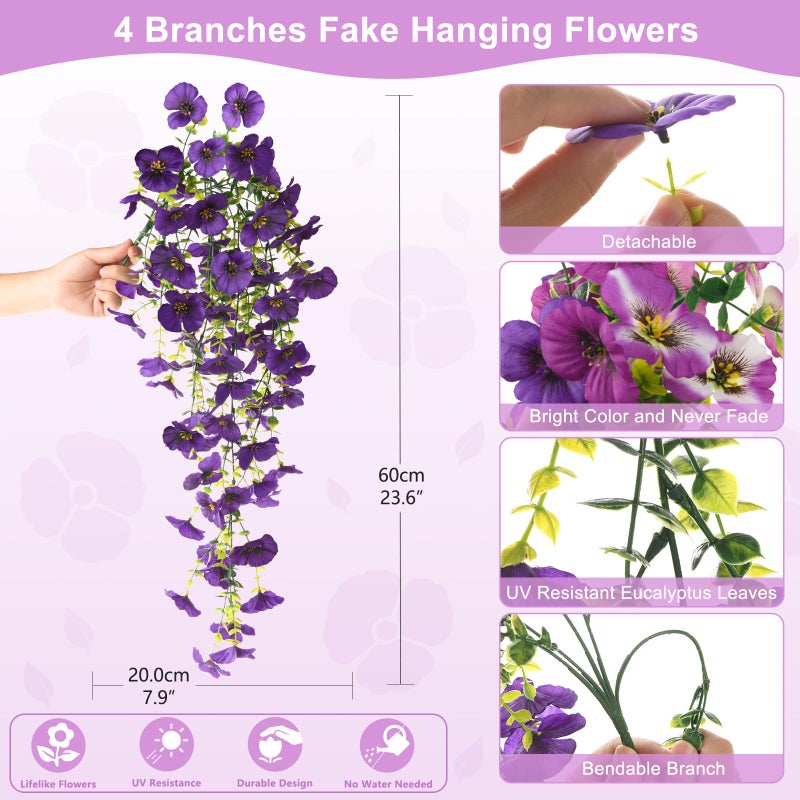 ZFProcess Fake Artificial Flowers for Outdoors, 4 Pcs Faux Hanging Pansy Flowers Spring Summer Decor, UV Resistant No Fade Fake Plants Silk Flower for Planter Front Door Porch Patio Yard Garden(Mixd Purple) - Image 4