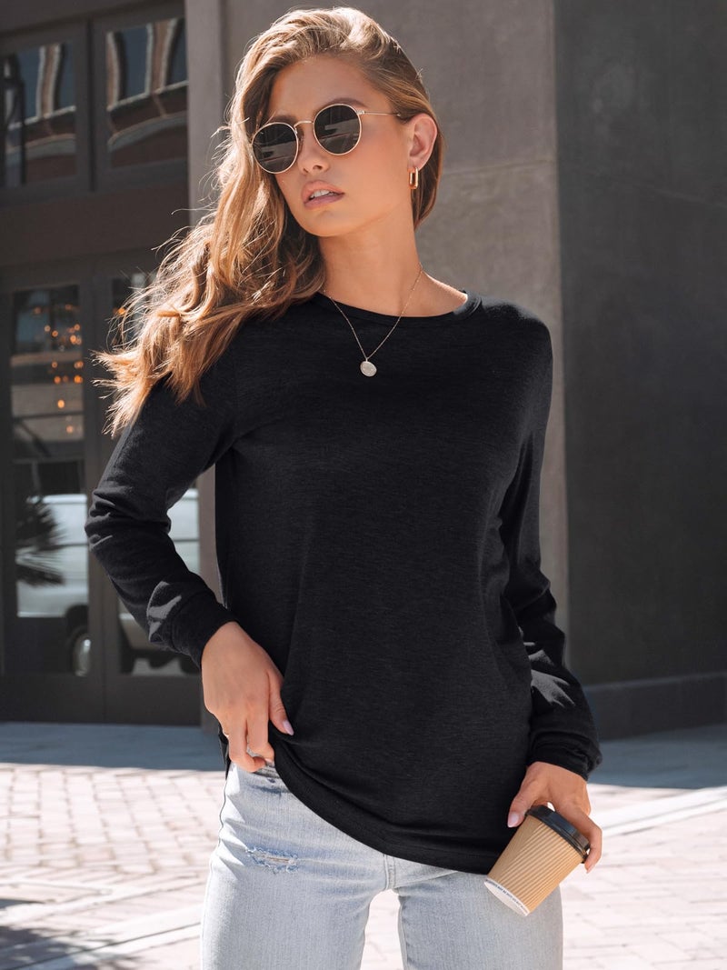 AUTOMET Women's Long Sleeve Shirts Fall Solid Color Loose Fit Tunics Tops Oversized Basic Tees Business Casual Outfits Black XXL - Image 2