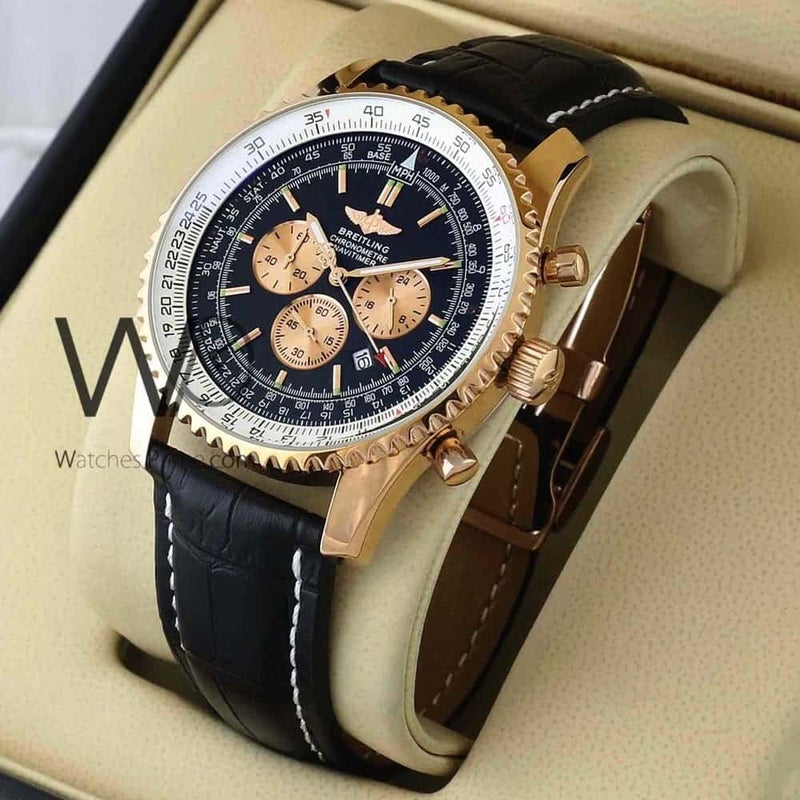 Breitling Chronograph for Men Black Watch with Black Leather Belt