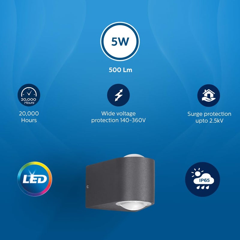 PHILIPS 5W 2-way decorative Wall Light | Lucent Outdoor Wall Light for Decoration | Colour : Warm White, Pack of 2 - Image 3