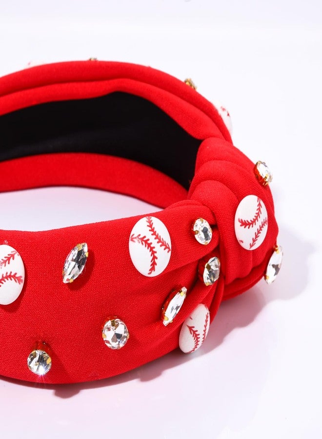 boderier Baseball Headband Hair Accessories Crystal Baseball Embellished Wide Knotted Headband for Women Game Day Accessories Gifts (Red) - Image 3