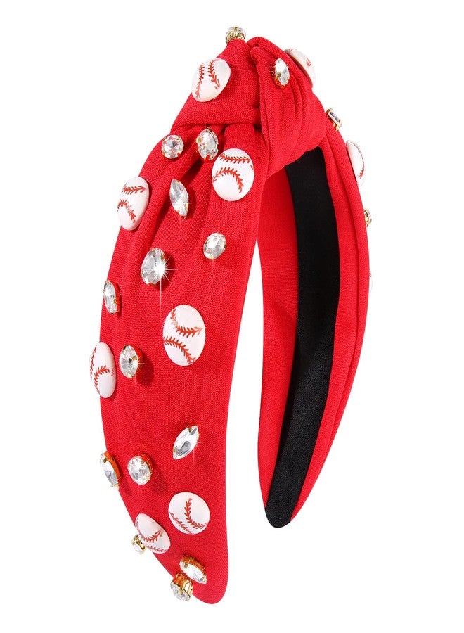 boderier Baseball Headband Hair Accessories Crystal Baseball Embellished Wide Knotted Headband for Women Game Day Accessories Gifts (Red) - Image 1