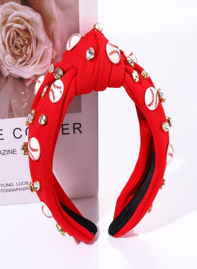 boderier Baseball Headband Hair Accessories Crystal Baseball Embellished Wide Knotted Headband for Women Game Day Accessories Gifts (Red) - Image 4