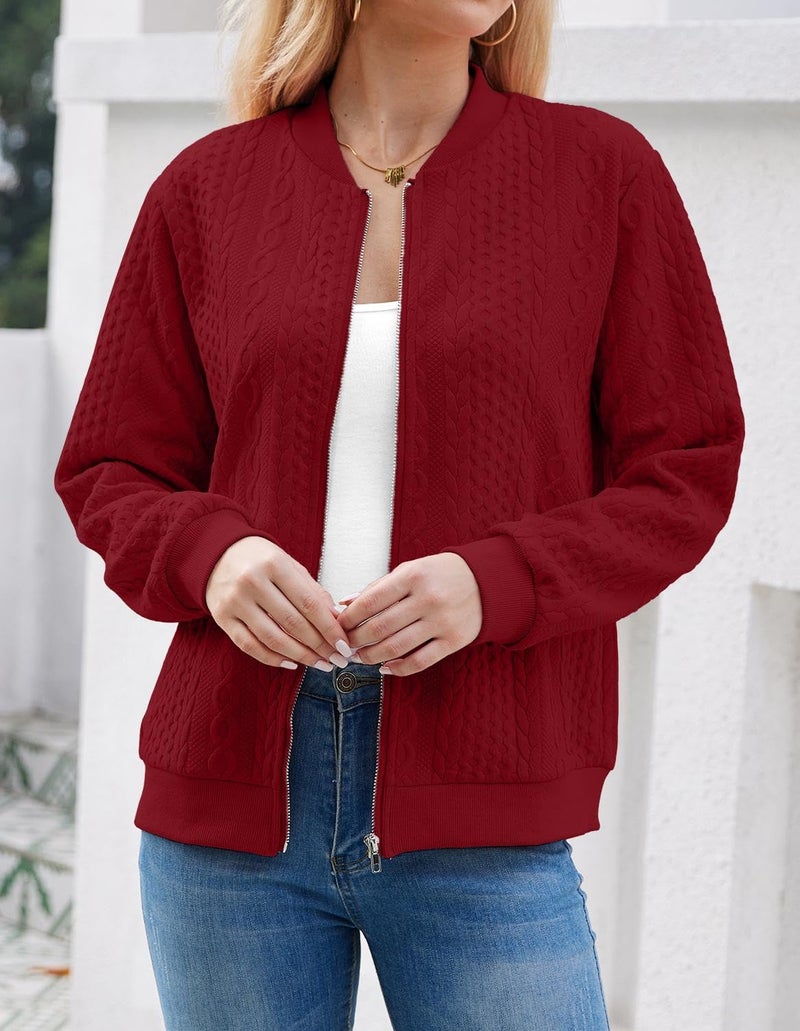 WROLEM Women's Zip Up Cardigan Sweater Cable Hoodies Long Sleeve Jacket Outfits Crewneck Casual Coat Red - Image 2
