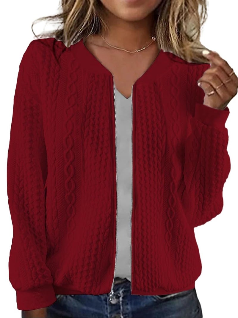 WROLEM Women's Zip Up Cardigan Sweater Cable Hoodies Long Sleeve Jacket Outfits Crewneck Casual Coat Red - Image 1