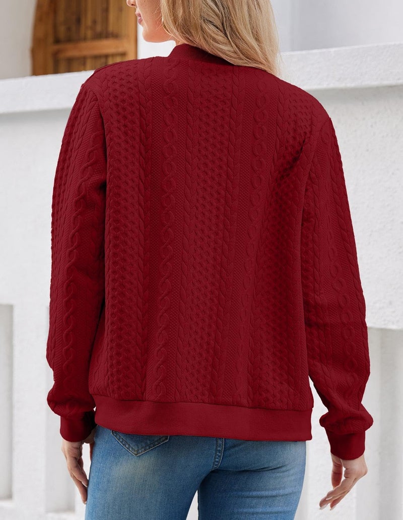 WROLEM Women's Zip Up Cardigan Sweater Cable Hoodies Long Sleeve Jacket Outfits Crewneck Casual Coat Red - Image 5