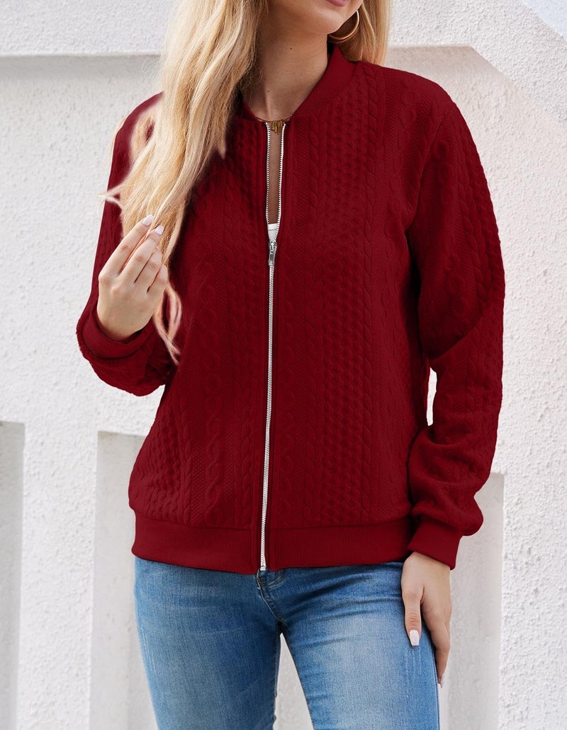 WROLEM Women's Zip Up Cardigan Sweater Cable Hoodies Long Sleeve Jacket Outfits Crewneck Casual Coat Red - Image 4