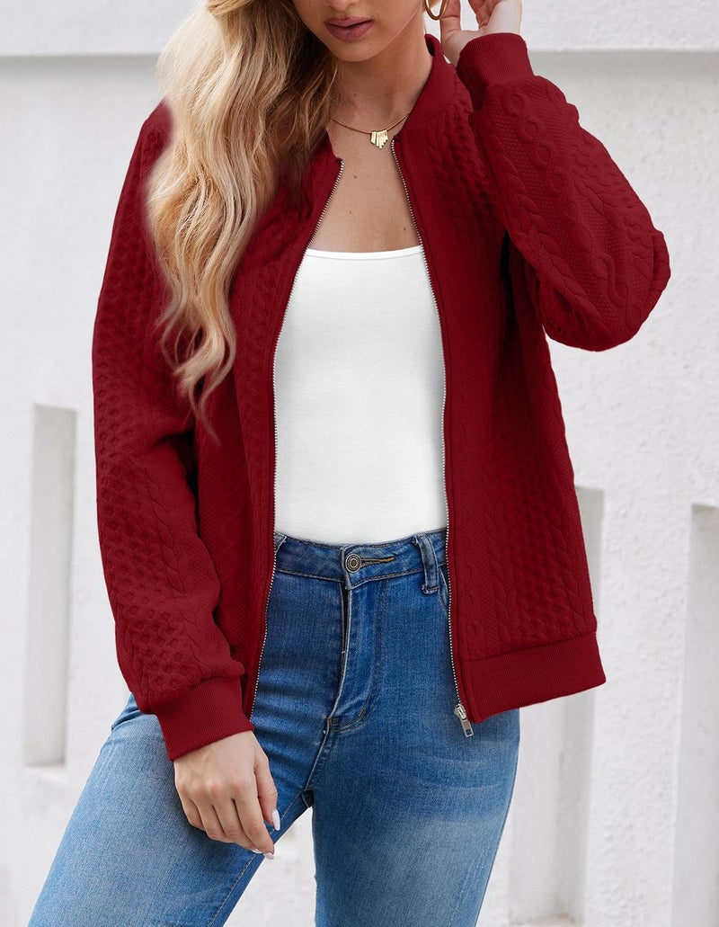 WROLEM Women's Zip Up Cardigan Sweater Cable Hoodies Long Sleeve Jacket Outfits Crewneck Casual Coat Red - Image 3