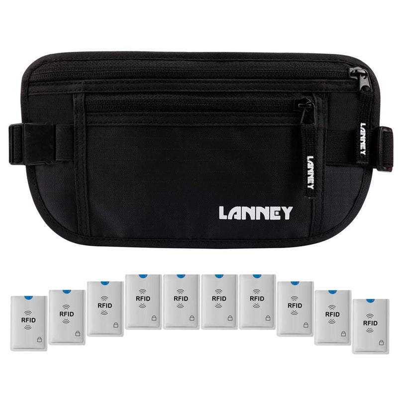 LANNEY Travel Money Belt RFID Blocking Waist Wallet Waterproof Hidden Stash for Men Women, Under Clothes Passport Holder with 10 Credit Card Sleeves, Black  - Image 1