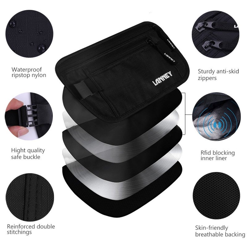 LANNEY Travel Money Belt RFID Blocking Waist Wallet Waterproof Hidden Stash for Men Women, Under Clothes Passport Holder with 10 Credit Card Sleeves, Black  - Image 2