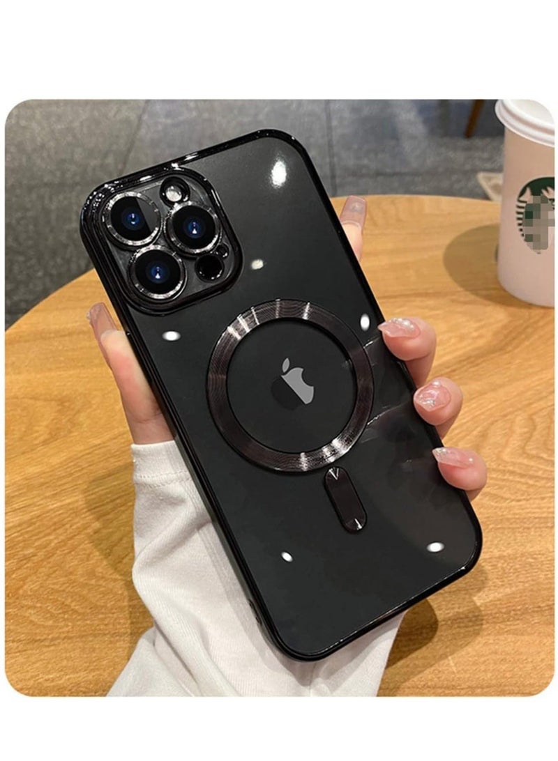 MUNTAQI Magnetic Case for iPhone 15 Pro Max with Integrated Camera Lens Protector, [Compatible with MagSafe] [Metallic Glossy Soft Bumper], Diamond Clear Phone Case Cover for iPhone 15 Pro Max (6.7") (Black) - Image 1