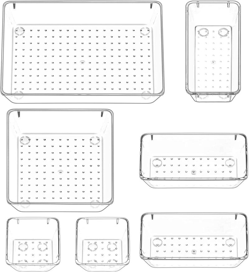 sulfar 7 Pcs Desk Drawer Organizers Trays Set Clear Plastic Storage Bins Bathroom Drawer Tray Dividers Vanity Trays Organizer for Bedroom Dresser Makeup Kitchen Utensil Office - Image 1