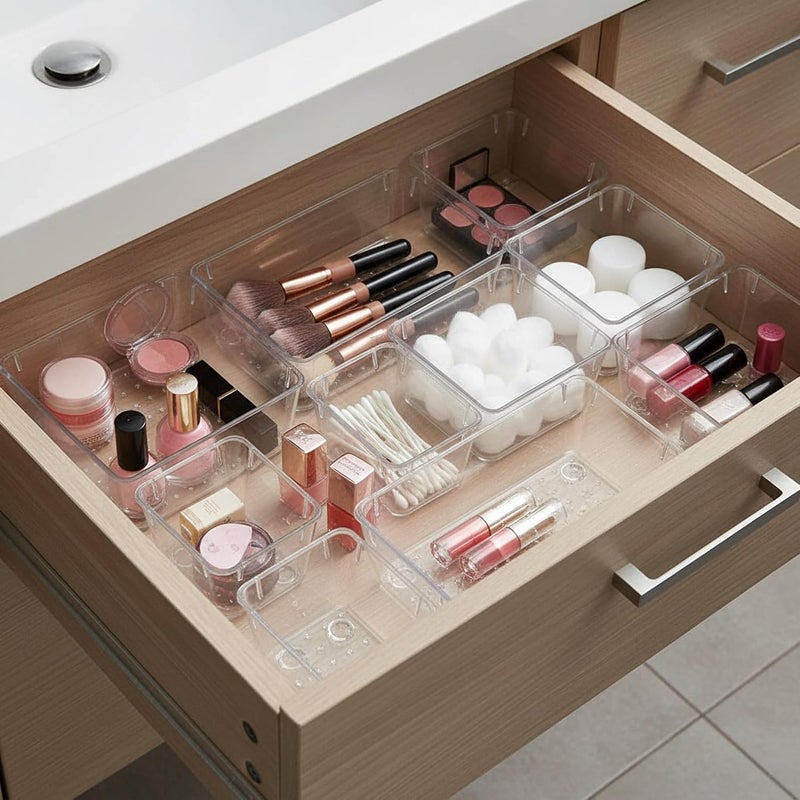 sulfar 7 Pcs Desk Drawer Organizers Trays Set Clear Plastic Storage Bins Bathroom Drawer Tray Dividers Vanity Trays Organizer for Bedroom Dresser Makeup Kitchen Utensil Office - Image 2