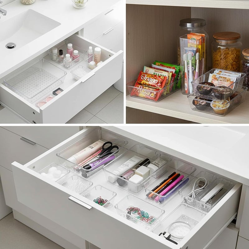 sulfar 7 Pcs Desk Drawer Organizers Trays Set Clear Plastic Storage Bins Bathroom Drawer Tray Dividers Vanity Trays Organizer for Bedroom Dresser Makeup Kitchen Utensil Office - Image 5