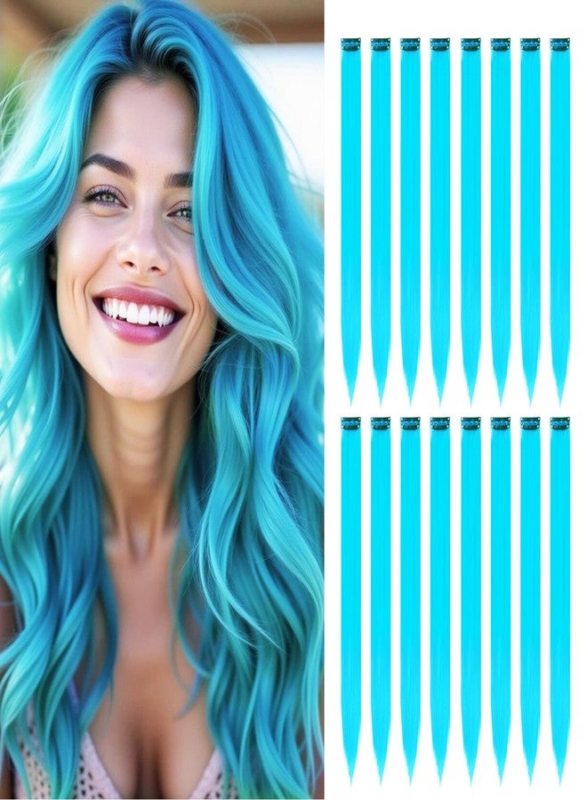 HappClan Teal Hair Extensions, 16 Pcs Colored Highlights Clip in Hair Extensions Synthetic, 22 inch Rainbow Hairpieces for Girls Women Favor Gift & Cosplay Party Birthday(Pure Cyan/Teal Hair) - Image 1