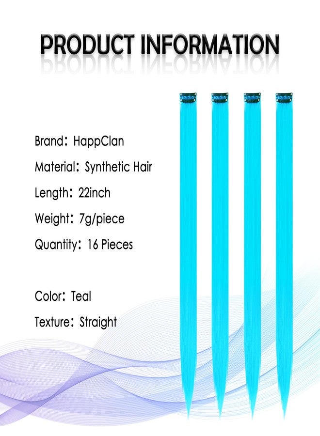 HappClan Teal Hair Extensions, 16 Pcs Colored Highlights Clip in Hair Extensions Synthetic, 22 inch Rainbow Hairpieces for Girls Women Favor Gift & Cosplay Party Birthday(Pure Cyan/Teal Hair) - Image 4