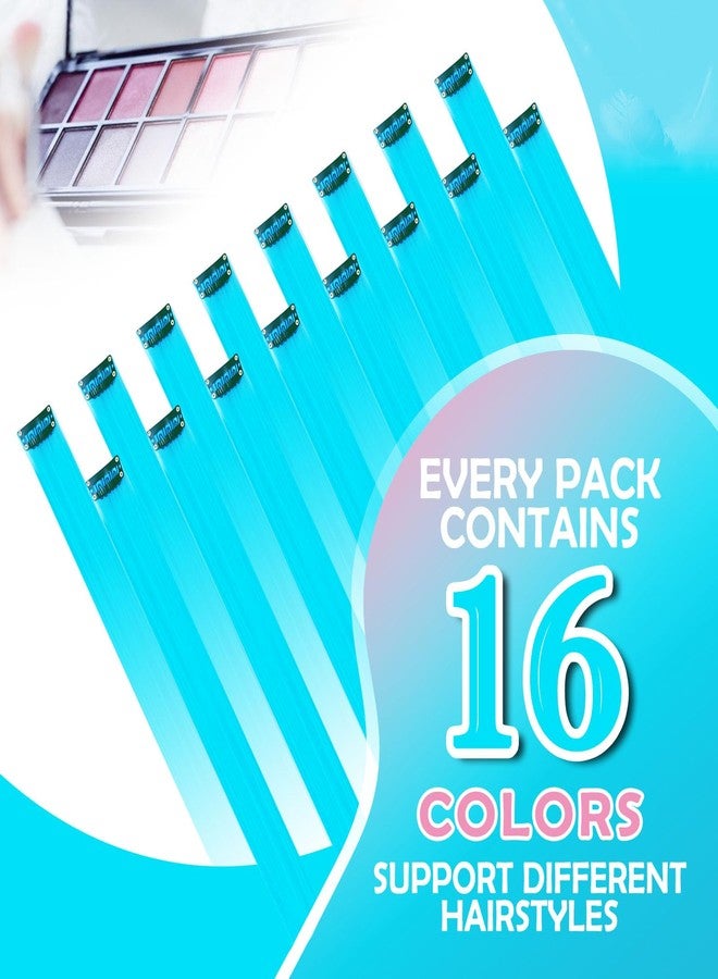 HappClan Teal Hair Extensions, 16 Pcs Colored Highlights Clip in Hair Extensions Synthetic, 22 inch Rainbow Hairpieces for Girls Women Favor Gift & Cosplay Party Birthday(Pure Cyan/Teal Hair) - Image 2