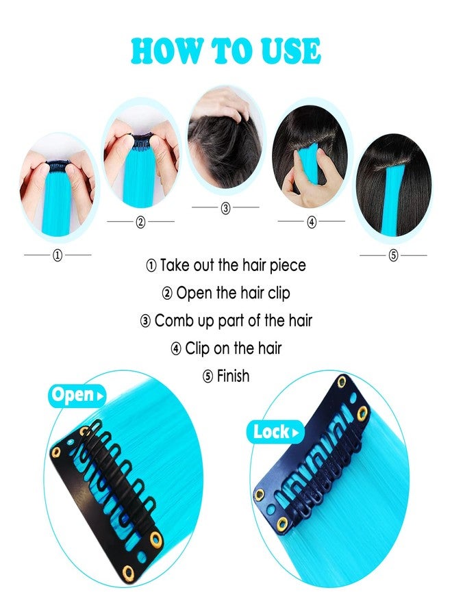 HappClan Teal Hair Extensions, 16 Pcs Colored Highlights Clip in Hair Extensions Synthetic, 22 inch Rainbow Hairpieces for Girls Women Favor Gift & Cosplay Party Birthday(Pure Cyan/Teal Hair) - Image 3