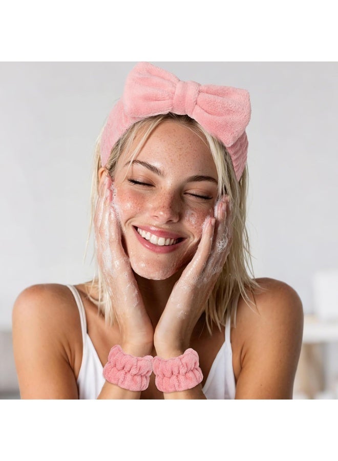 3 Pack Spa Headband with Wrist Washband Face Wash Set,Skincare Makeup Headband and Wristband Towel Scrunchies for Washing Face, Sleepover Party Supplies for Girls(Beige,Gray,Pink) - Image 3