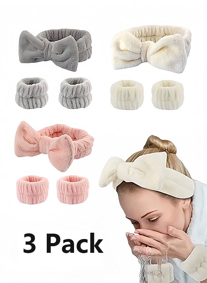 3 Pack Spa Headband with Wrist Washband Face Wash Set,Skincare Makeup Headband and Wristband Towel Scrunchies for Washing Face, Sleepover Party Supplies for Girls(Beige,Gray,Pink) - Image 1