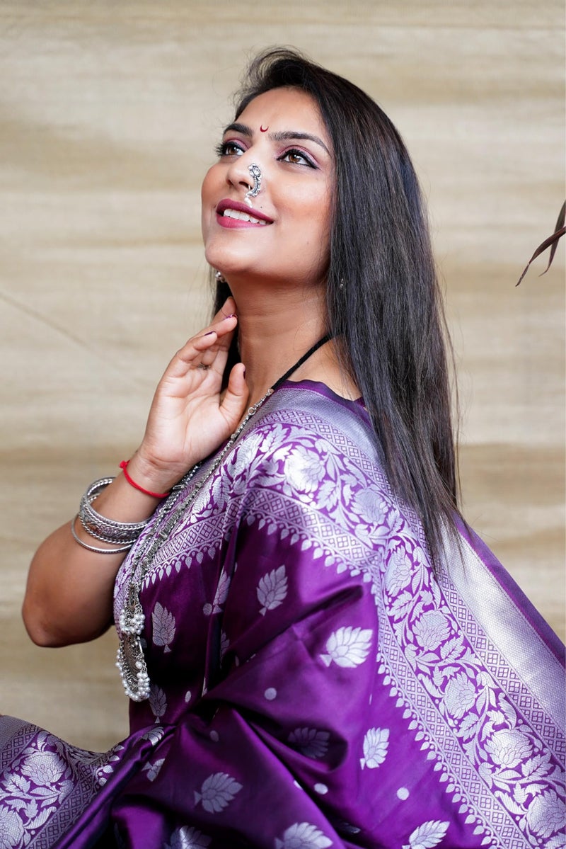 AMIRAT Women's Banarasi Silk Saree and Unstitched Blouse Piece with Heavy Floral Border Jacquard Woven Zari | Saree Blouse for Women | Wine - Image 3