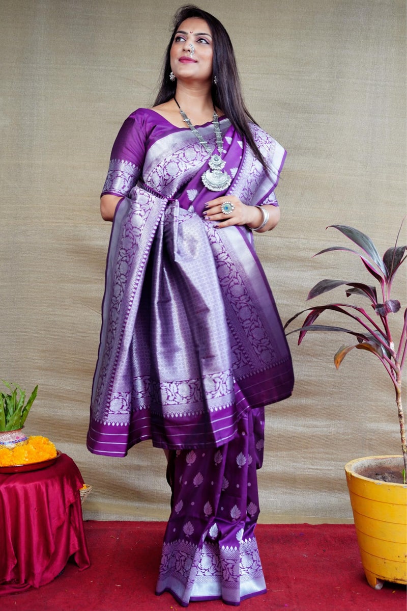AMIRAT Women's Banarasi Silk Saree and Unstitched Blouse Piece with Heavy Floral Border Jacquard Woven Zari | Saree Blouse for Women | Wine - Image 2