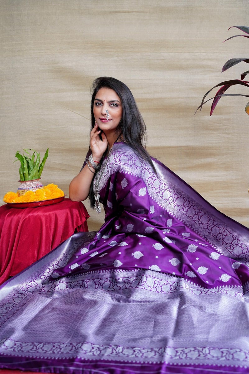 AMIRAT Women's Banarasi Silk Saree and Unstitched Blouse Piece with Heavy Floral Border Jacquard Woven Zari | Saree Blouse for Women | Wine - Image 4