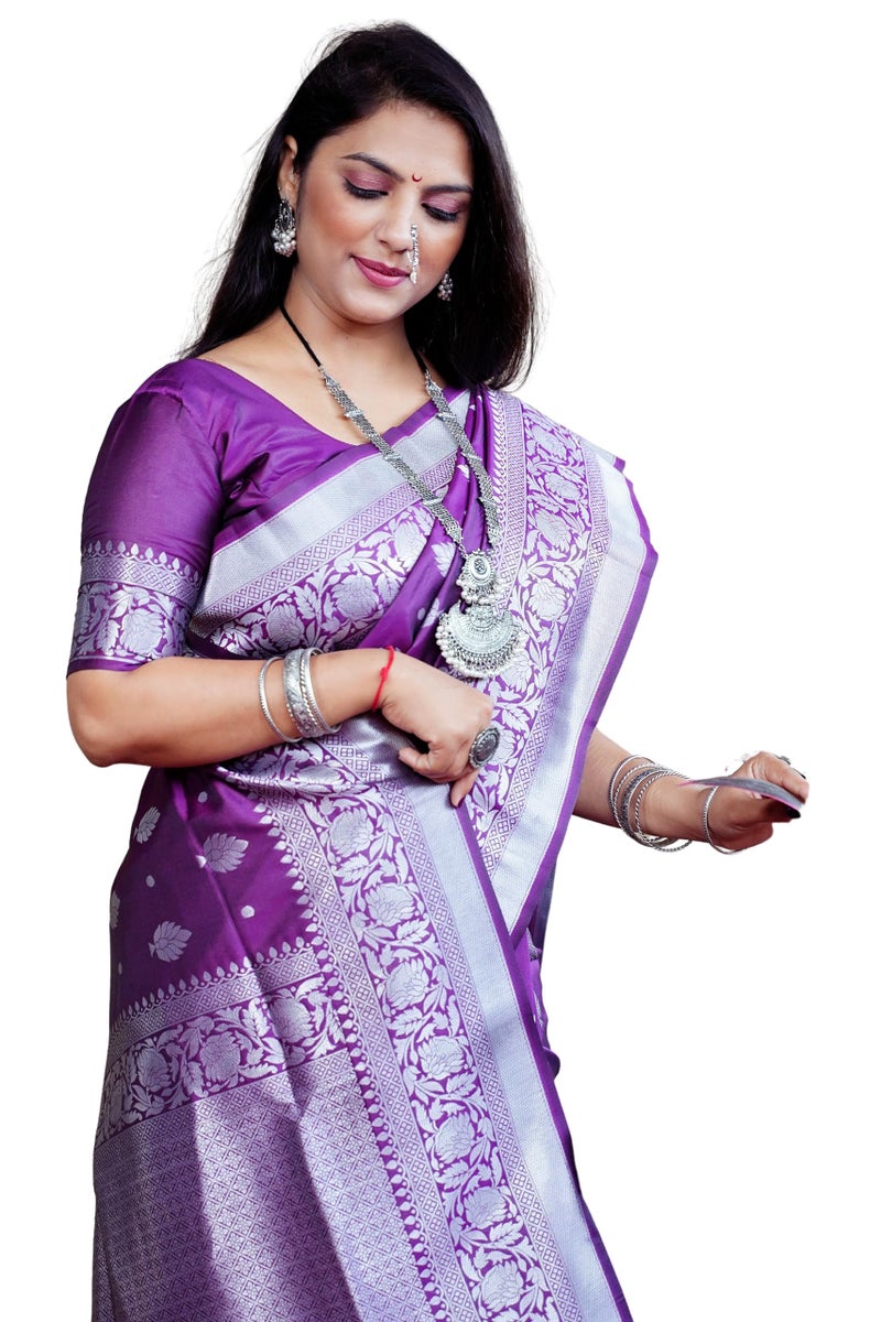 AMIRAT Women's Banarasi Silk Saree and Unstitched Blouse Piece with Heavy Floral Border Jacquard Woven Zari | Saree Blouse for Women | Wine - Image 1