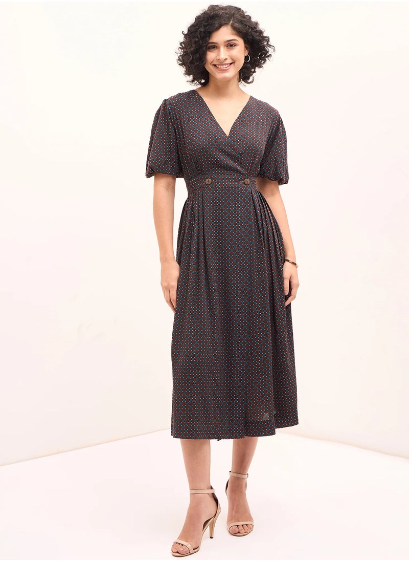 Salt Attire - Women's  Elegant Dress with V Neckline, Unique Sleeves, and Geometric Pattern, Perfect for Casual and Formal Occasions, Flattering Fit, Quality Fabric, Versatile Style - Image 1